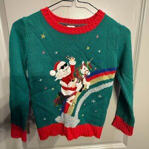 Holiday Time Sweater Girls S Green Sequin Santa Claus Unicorn Christmas Holiday